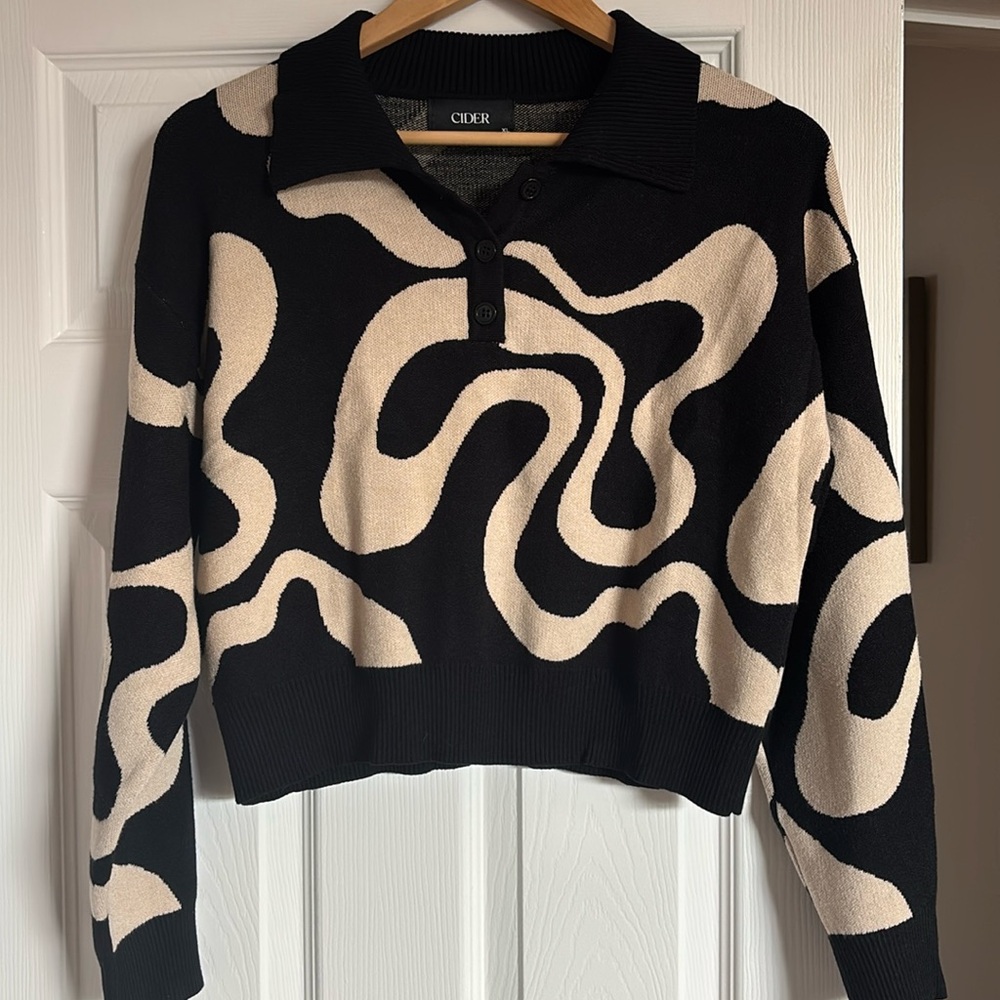 Cider Black & Cream Abstract Collared V-Neck Sweater